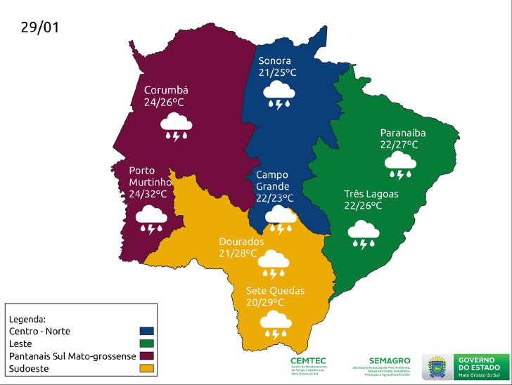 Sábado com previsão de chuva e trovoadas em Mato Grosso do Sul