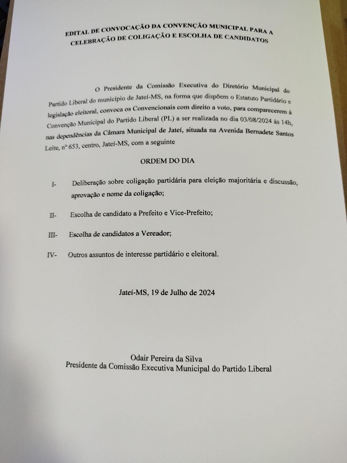 Jateí: Convenção Partidária entre PL, PP e Avante para oficializar fusão e confirmação de candidatos