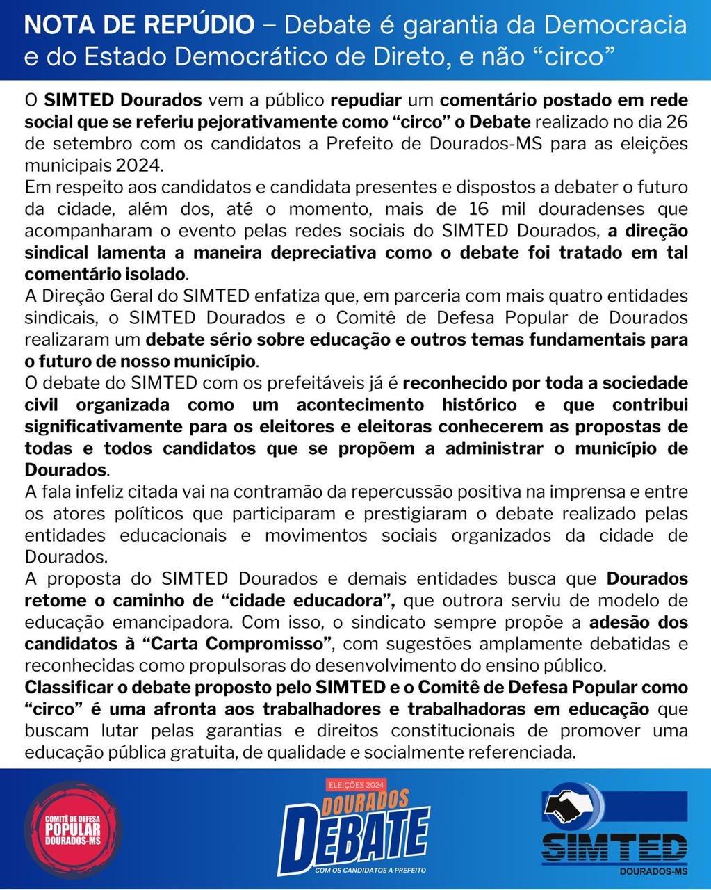 Simted repudia postagem de Gianni Nogueira que chamou debate da entidade de “circo”